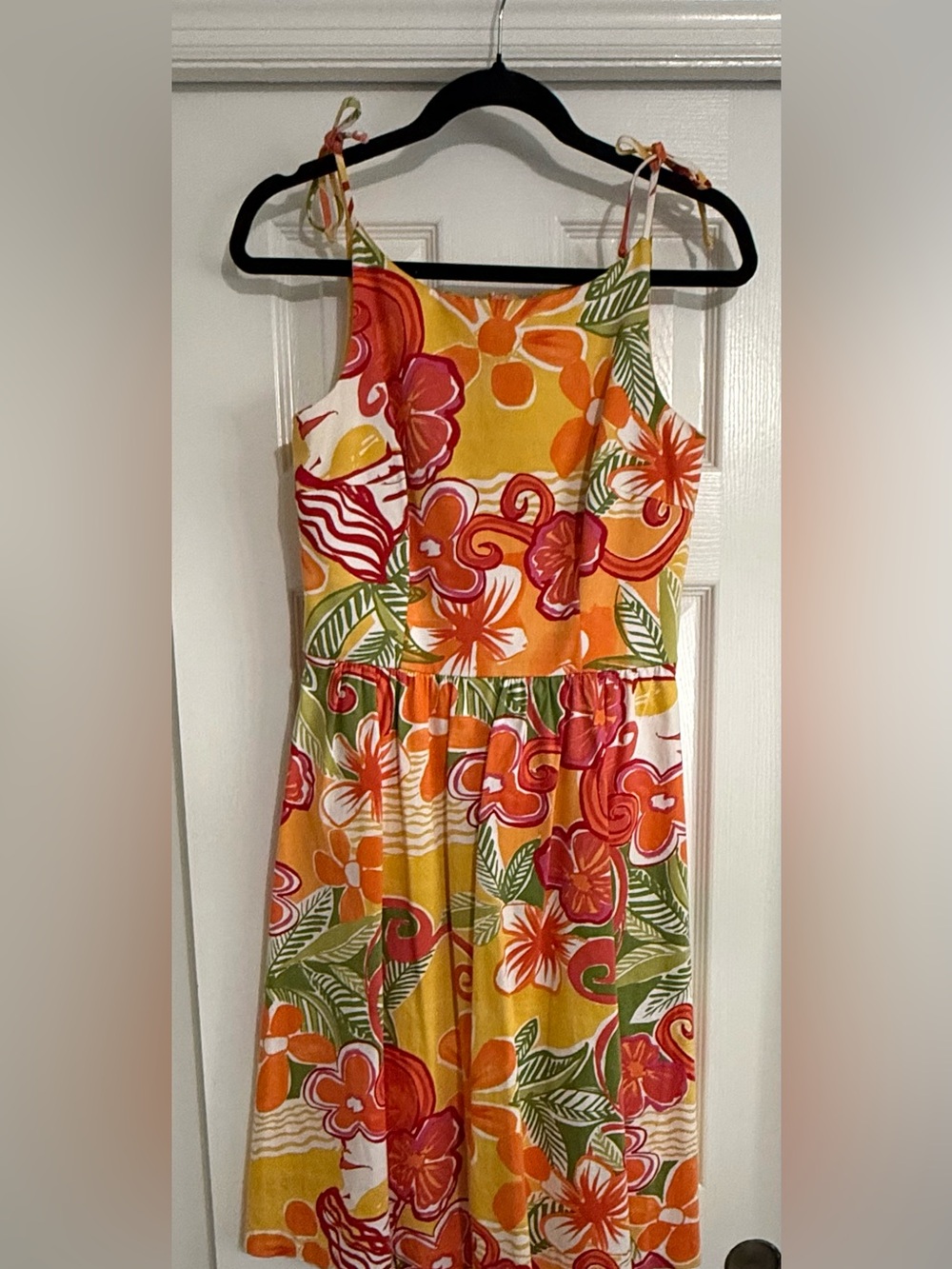 David Meister Tropical Floral Midi Dress in Yellow, Orange, Pink and Green